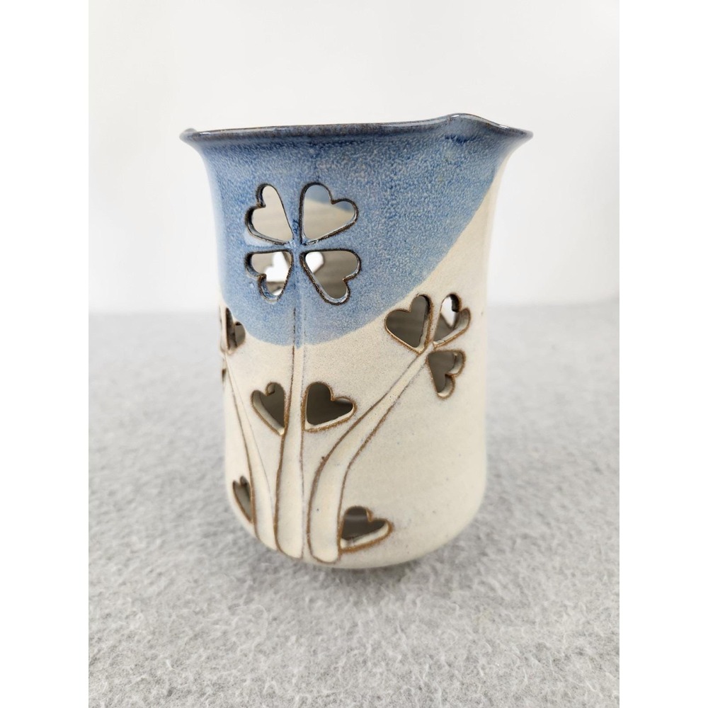 Vtg Welsh Art Pottery Candle Vase Pillar Gray Davis Heart Flowers Clovers 1983